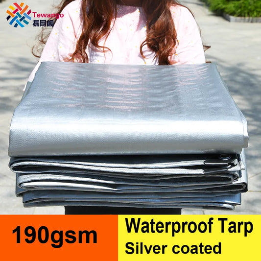 Tewango Silver Coated Waterproof Tarp 0.38MM Heavy Duty Outdoor Rain Block Sun Shade Sail Camping Cover for Car Balcony 190GSM