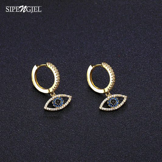 SIPENGJEL Fashion Blue Crystal Turkey Evil Eye Dangle Earrings for Women Gold Plated Cute Unique Earrings Trendy Jewelry 2023