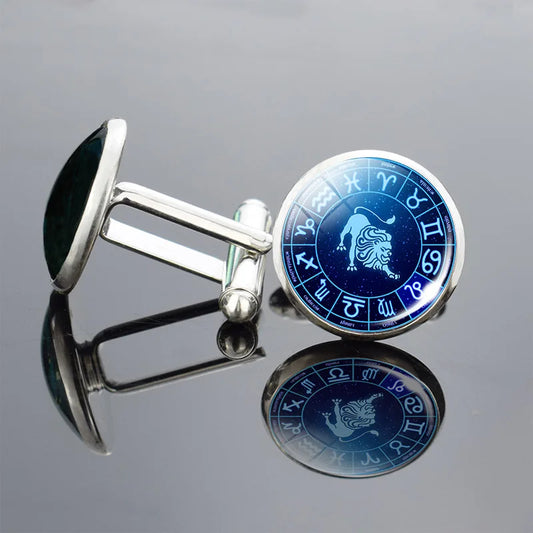12 Zodiac Signs Glass Cabochon Cufflinks Metal Constellations Cuff Link for Men Shirt Accessories Valentines Day