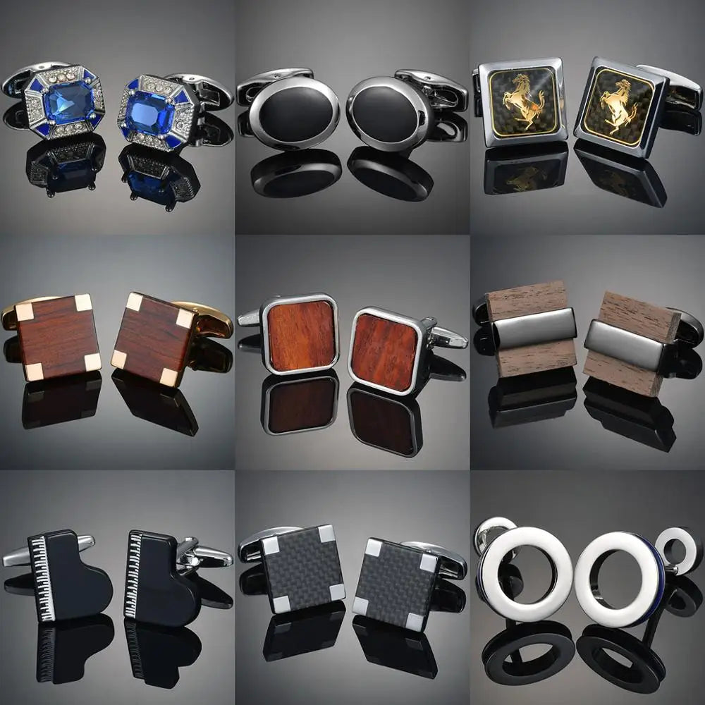 Novelty Luxury Quality Copper Carbon Fibe/ Red Wood/Crystal Cufflinks Design for Mens French Suit Accessories Jewellery Gemelos