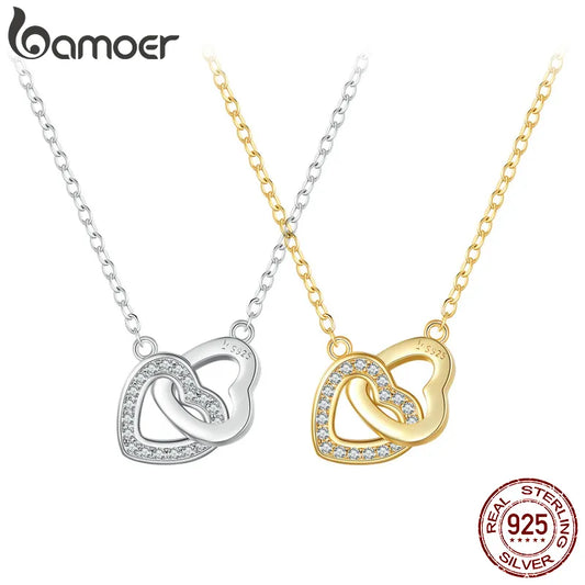 Bamoer 925 Sterling Silver Connected Heart Pendant Necklace for Girlfriend Valentine's Day Fine Jewelry SCN181